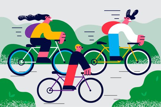 Recreation activity for family concept. Active family father mother and child enjoying riding on bikes on nature outdoors at forest park vector illustration