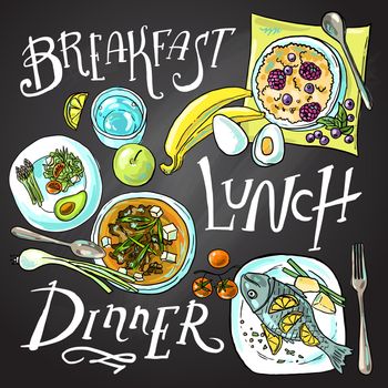 Beautiful hand- drawn illustration healthy food breakfast, lunch, dinner for your design