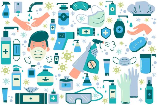 Hygiene doodle set. Disinfectant coronavirus antiseptic medical face masks washing gel spray antibacterial soap wipes napkins gloves. PPE Personal protection equipment medical insurance and healthcare
