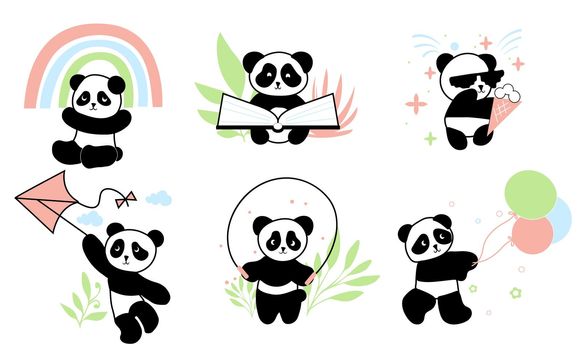 Baby panda and rainbow, vector cartoon character. Panda reads a book, flies a kite, eats ice cream, runs with balloons.