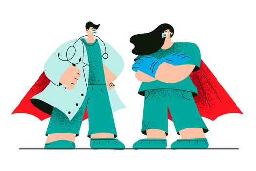 Superhero doctors working during COVID-19 pandemic concept. Young woman and man doctors cartoon characters wearing medical protective face masks standing during work at outbreak virus times