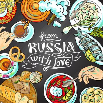Beautiful hand drawn food illustration russian cuisine top view