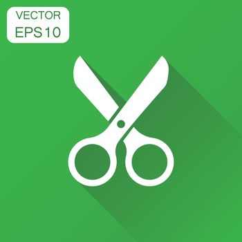 Scissors icon. Business concept scissor pictogram. Vector illustration on green background with long shadow.