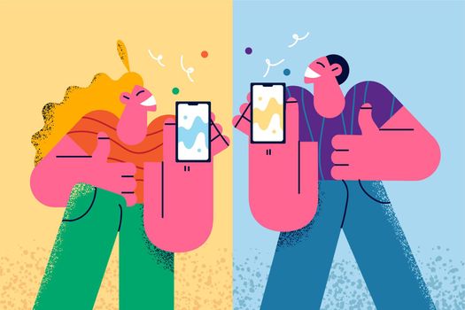 Technology and internet addiction concept. Young smiling man and woman cartoon characters in casual clothes standing and holding cell phones smartphones over colorful background vector illustration