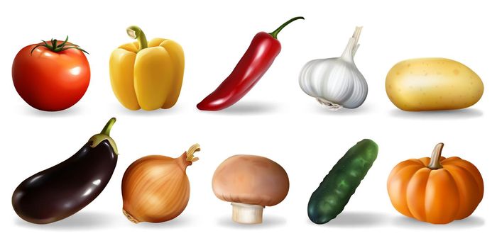Realistic vegetables set. Collection of images pictures drawings of garden farmland food fruits isolated on white. Vegan vegetarian nutrition and seasonal harvesting illustration.