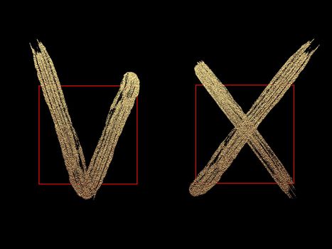 Brush check marks , icons set, vector isolated gold glittering luxury positive yes and negative no on black background. Tick and cross grunge and simple signs.