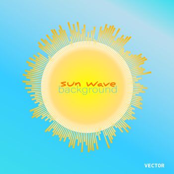 Bright sun with sun rays wave on blue background. Beautiful equalizer sunbeams banner. Vector sunny sunshine illustration.