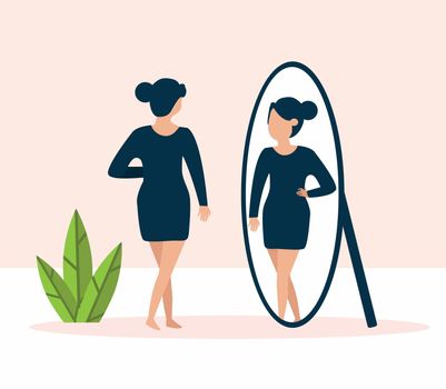 woman standing in front of mirror and looking at reflection looking vector