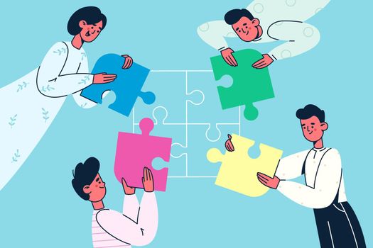 Teamwork, cooperation, collaboration concept. Office workers putting colorful pieces of puzzle together in one picture in business vector illustration