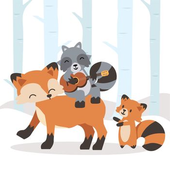 Cute animal woodland in Winter season cartoon