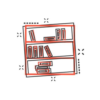 Vector cartoon bookcase furniture icon in comic style. Furniture sign illustration pictogram. Bookshelf business splash effect concept.
