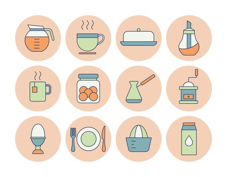 Breakfast and kitchen vector color icon set. Graph symbol for cooking web site and apps design, logo, app, UI