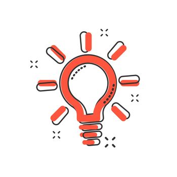 Vector cartoon light bulb icon in comic style. Electric lamp sign illustration pictogram. Idea lightbulb business splash effect concept.