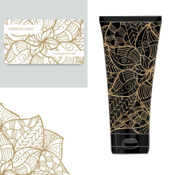 Cream tube pattern with mandala. Vector illustration. Visit card, packaging for organic cosmetic, medallion