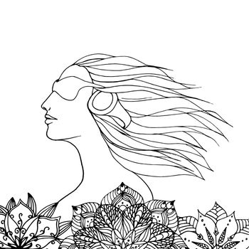 Woman with sunglasses and headphone listen music in flowers. Flower mandala in doodle style. Hand drawn sketch in vector. Perfect for poster, textile, stickers.