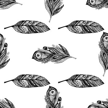 Pattern with feathers. Peacock feathers seamless pattern. Vector illustration. Perfect for textile, print, fabric, wrapping paper. Hand drawn feather