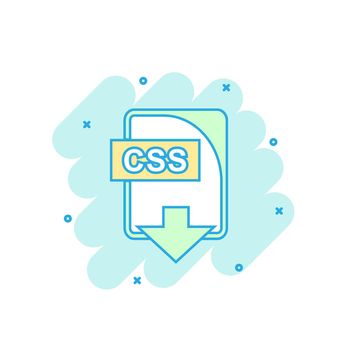 Cartoon colored CSS file icon in comic style. Css download illustration pictogram. Document splash business concept.