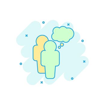 Cartoon colored people with speach bubble icon in comic style. People illustration pictogram. Users person sign business splash concept.