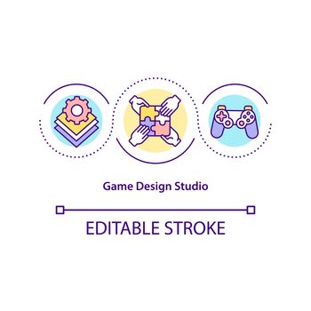 Game design studio concept icon. Creating incredible game experiences idea thin line illustration. Videogames development and marketing. Vector isolated outline RGB color drawing. Editable stroke