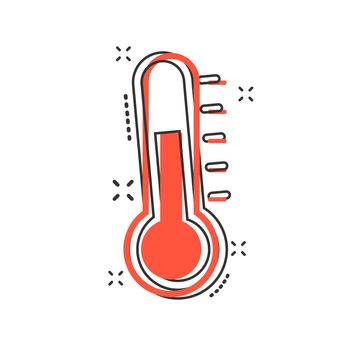 Vector thermometer icon in comic style. Goal sign illustration pictogram. Thermometer business splash effect concept.