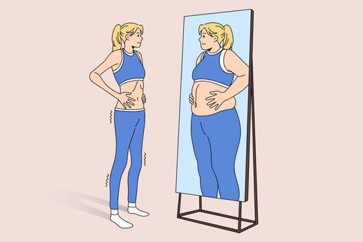 Unwell skinny girl look in mirror see fat obese reflection. Upset thin slim woman suffer from eating disorder. Female struggle with anorexia or bulimia. Mental health problem. Vector illustration.