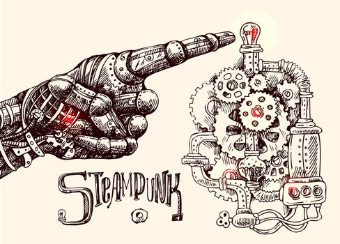 Hand drawn vector illustration mechanical hand with pointing finger. Steampunk style. Ink drawing.