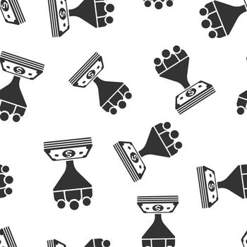 Lead management icon seamless pattern background. Funnel with people, money vector illustration. Target client symbol pattern.