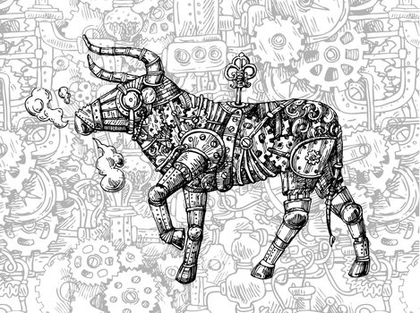Mechanical bull. Hand drawn vector steampunk animal. Symbol of 2021 eyar.