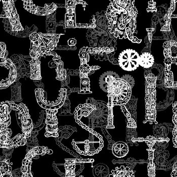 Hand drawn vector seamless pattern with mechanical letters. Steampunk style print.