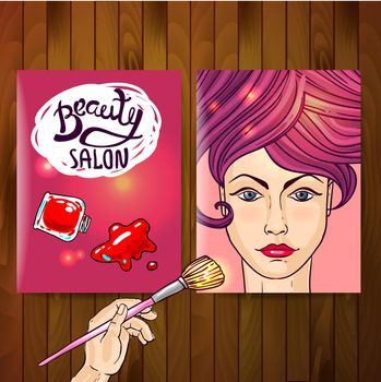 Beautiful vactor hand drawn cards beauty salon. Makeup and nail polish.