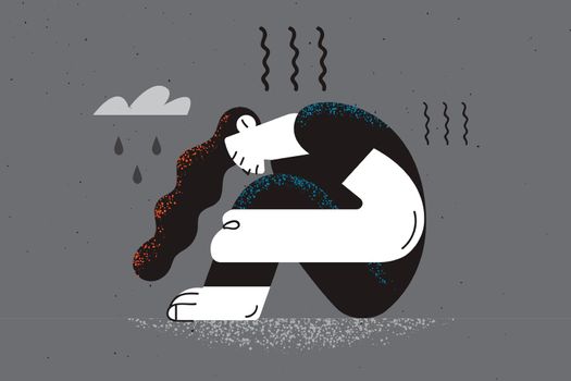 Grief, Depression, sadness concept. Despaired woman cartoon character sitting on floor and feeling sorrow, depression, sadness vector illustration