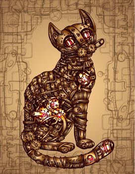 Mechanical cat. Hand drawn vector illustration. Steampunk style.