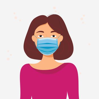 Woman wearing disposable medical surgical face mask . Stop the spread of viruses, help prevent hand-to-mouth transmissions. Vector illustration
