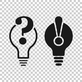 Problem solution icon in transparent style. Light bulb idea vector illustration on isolated background. Question and answer business concept.