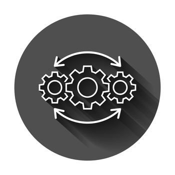 Operation project icon in flat style. Gear process vector illustration on black round background with long shadow. Technology produce business concept.