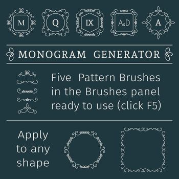Vintage monogram generator. Vector set of luxury logos templates and calligraphic lineart pattern brushes for retro ornamental design.