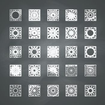 Arabic square ornament set. Vector patterns collection on chalkboard background