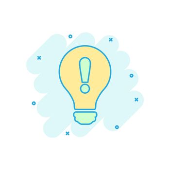 Problem solution icon in comic style. Light bulb idea vector cartoon illustration on white background. Question and answer business concept splash effect.