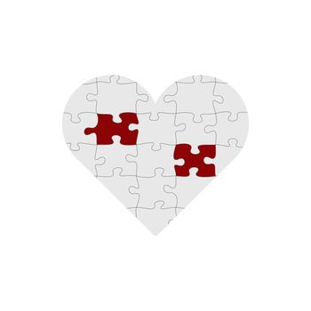 Jigsaw puzzle with all its pieces put together forming a big red heart of love with two standing out pieces. Stock Vector illustration isolated