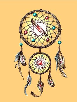Beautiful hand drawn vector boho style illustration of dreamcatcher. Use for postcards, print for t-shirts, posters, wedding invitation, tissue, linens