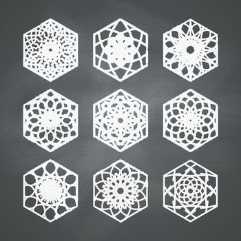 Arabic hexagon ornament set. Vector symbols collection on chalkboard background
