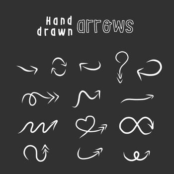 Hand drawn arrow set, collection of pencil sketch symbols, vector illustration graphic design elements. Stock Vector illustration isolated