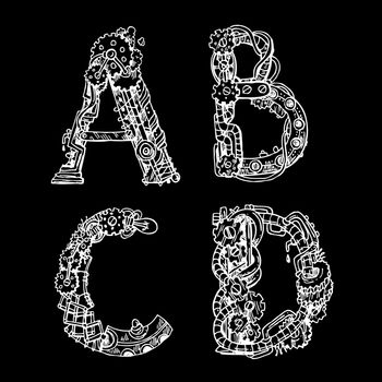 Graphic mechanical hand drawn alphabet. Steampunk style letters for your logo.