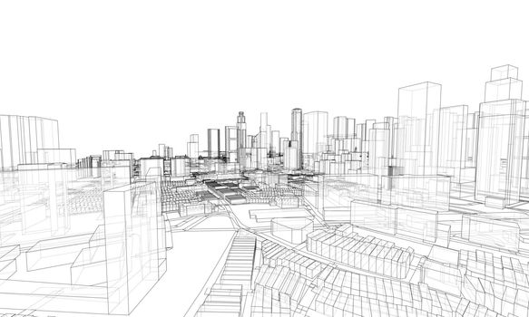 City view. Buildings and streets. Vector rendering of 3d
