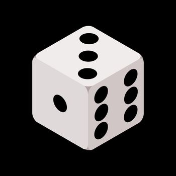 One isometric craps game dice, matte photo realistic material, 3d render, vector cube illustration isolated on black background