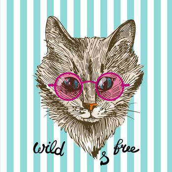 Vector hand drawn illustration head of cat. Boho style poster. Ink sketch drawing of cat.