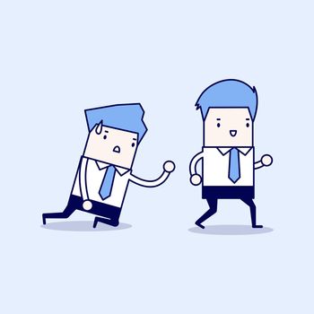 Businessman walks away from coworker crawling on the floor and calling out for help. Cartoon character thin line style vector.