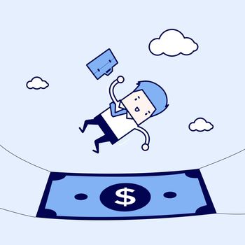 Businessman falling into a money banknote. Cartoon character thin line style vector.
