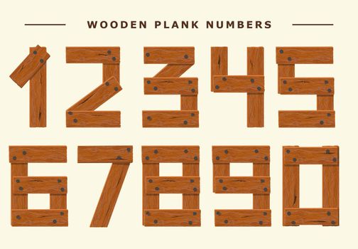 Wood number set, wooden plank numeric digit font, numbers from planks held with nails. textured brown oak character. Vector