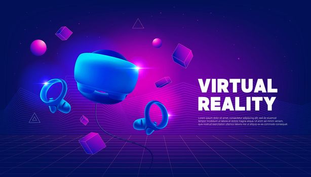 Virtual reality headset and controllers for gaming. VR helmet. Metaverse technology banner template.